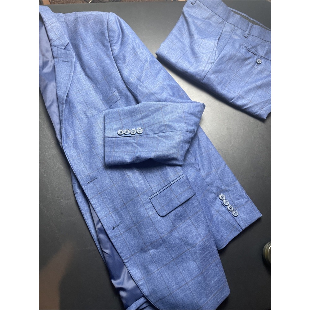 Alain Dupetit 2PC Suit Jacket 40R Pants 34X28 Slim Blue Windowpane IT POPS